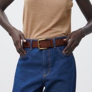NWOT Zara Genuine Brown Leather Belt with Golden Buckle